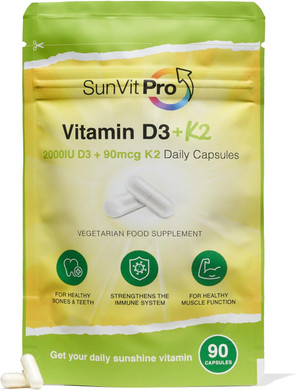 Sunvit-Pro Vitamin D 2000iu and Vitamin K2 MK7 90mcg Capsules - Vitamin D3 k2 High Strength Vegetarian and UK Manufactured - Support the Maintenance of Bone, Teeth, Muscle & Immune System, 90 Capsules