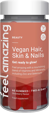 Feel Amazing Vegan Hair, Skin & Nails Complex Gummies - Beauty Support - with Zinc, Biotin, Vitamin C & D - Blueberry Flavour, Vegan, Halal, 60 Gummies, 30-Day Supply (1)