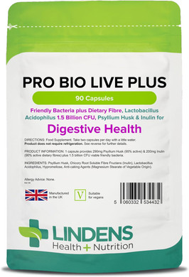 Lindens - Pro Bio Live Plus Dietary Fibre - 90 Capsules - UK Made - Lactobacillus Acidophilus, 1.5 Billion CFU with Psyllium Husk & Inulin, Healthy Digestion - Letterbox Friendly, Vegan