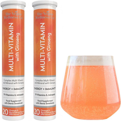 The Vegan Wellness Co. Multivitamin with Ginseng, 19 Nutrients for Energy + Immunity, 40 Effervescent Tablets - Orange and Passionfruit Flavour Immune Booster