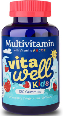 Vitawell Kids Multivitamin Gummies - 120 Natural Strawberry Flavour (4 Month Supply) | Chewable Kids Multivitamin Chews | Vitamin D3, A, E, C, B6, B12 | No Artificial Colours, Flavours, Preservatives