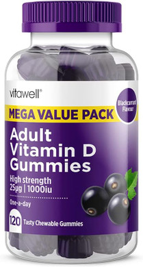 Vitawell Adult Vitamin D 25µg Gummies | 120 Blackcurrant Flavour Gummies | High Strength Vit D3 Formula | 4 Months Supply | One a Day Chewable Adult Vitamin | Bone & Immune Health | By Vitawell