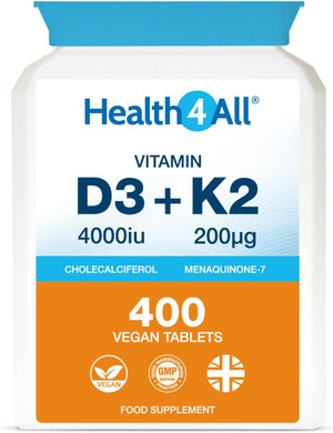 Health4All Vitamin D3 4000iu & Vitamin K2 200ug (Natural MK7) 400 Tablets (1+ Year Supply) Vegan Vitamin D3 K2 Supplement, High Strength MK-7 from Natto, Made in The UK