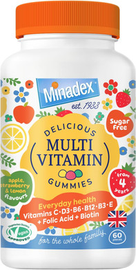 Minadex Premium Multivitamin Gummies 60s for Adults & Children - Vitamin C,D2,B6,B12,B3,E,Folic Acid,Biotin | Immune and Bone Support | Energy | Apple, Strawberry & Lemon flavours | Sugar Free | Vegan