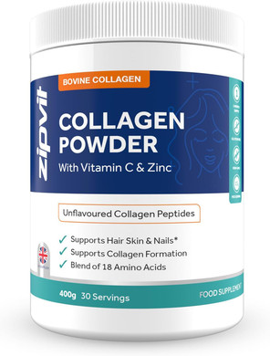 Zipvit Collagen Powder Type I & II with Vitamin C and Zinc, Collagen Supplements for Women,Supports Hair, Skin, Nails and Collagen Formation, Unflavoured Bovine Collagen, 400g