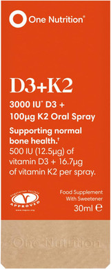 One Nutrition D3 + K2 Oral Spray  Vitamin D3 & Vitamin K2  Highly Absorbable  Supports Bone Health & Immune System  Orange Flavour  500IU D3 and 16.7µg K2 Per Spray - 180 Sprays