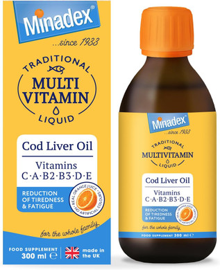 Minadex Traditional Multivitamin Liquid 300 ml  Vitamin A, B2, B3, D & E with Cod Liver Oil, Immune Support, Energy & Bone Health, Natural Orange Flavour (2-Month Supply), Made in UK