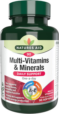 Natures Aid Multivitamins & Minerals with Iron  High Strength One-a-Day Multi-vitamin Formula  Supports Energy, Immunity & Bone Health  Non-GMO, Gluten-Free  90 Easy-Swallow Softgel Capsules