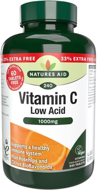 Natures Aid Low Acid Vitamin C 1000mg with Rosehips & Bioflavonoids 240 Tablets