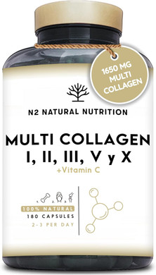 Multi Collagen 1650mg Type I, II, III, V, X. Bovine, Marine Collagen Peptides 180 Capsules Enhanced with Vitamin C, for Joint Care, Skincare & Hair High Strength Collagen N2 Natural Nutrition
