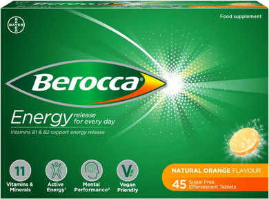 Berocca Vitamin C Effervescent Tablets, with Magnesium, Vitamin B12 & Vitamin B Complex, Orange Flavour, 2 Pack of 45 Tablets - 6 Weeks Supply