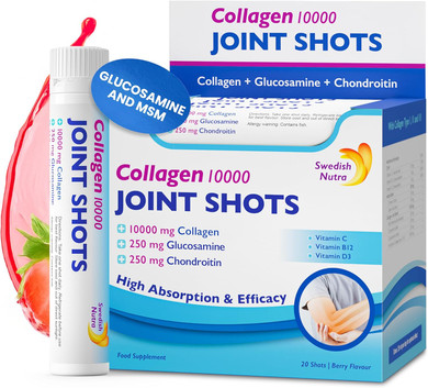 Swedish Nutra - Joint Shots I 20 Day Supply I 10,000 mg Collagen Type I, II & III I Glucosamine, MSM, Chondroitin, Turmeric I 100% Natural Flavour I Sugar-Free