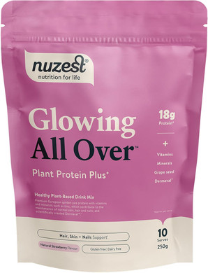 Nuzest Protein Plus | Glowing All Over | Strawberry | Support of Healthy Hair, Skin, Nails and Collagen Production | Vitamins and Minerals | 250g (10 Servings)