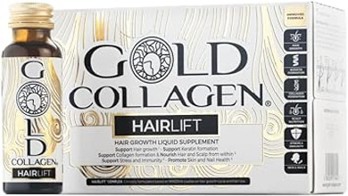 GOLD COLLAGEN Hairlift - Biotin Hair Growth Marine Collagen Supplements for Women & Men with Vitamin C and B6, Hyaluronic Acid, Zinc and Keratin Hair Treatment, Skin and Nails, 10 Bottles 50 ml Each