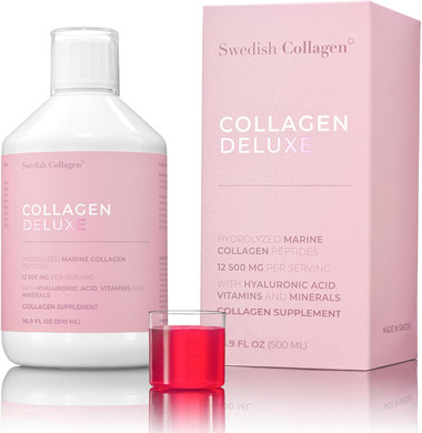 Swedish Collagen Deluxe - 12,500mg Hydrolysed Marine Collagen Liquid (500ml) & Shots (20 x 25ml) Supplements, 40 Day Supply | Pure Peptides, Hyaluronic Acid & Vitamin C for Healthy Hair, Skin & Nails
