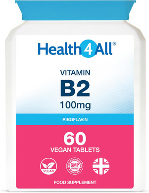 Health4All Vitamin B2 Riboflavin 100mg 60 Tablets Energy, Stress and Migraine Support, Vegan, Made in The UK