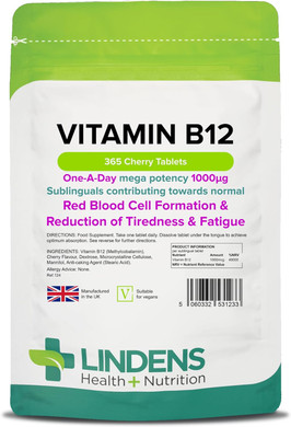 Lindens Vitamin B12 1000mcg Sublingual Tablets | 365 Pack | Contributing Towards Red Blood Cell Formation, Reduction of Tiredness & Fatigue