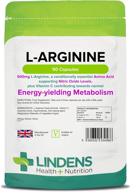 Lindens - L-Arginine 500mg, 90 Capsules - UK Made - Amino Acid with Vitamin C - Supports Nitric Oxide Levels, Contributes to Vascular Performance & Metabolism - Letterbox Friendly