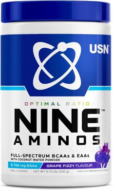 USN Nine Aminos  BCAA Amino Acids & EAA Essential Amino Acids Powder with Added Magnesium & Coconut Water Powder to Support Recovery and Hydration. Grape Fizzy Pop Flavour (330g  30 Servings)