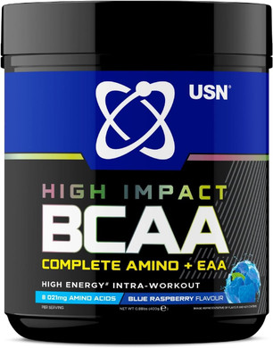 USN Complete Amino & EAA Intra Workout Powder, Blue Raspberry Flavour - 400g, Vegan Energy Drink, Premium BCAA Amino Acids & Glutamine Recovery Drink, High Impact Pre Workout & Post Workout Shake