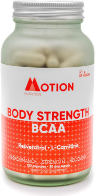 Motion Nutrition Body Strength BCAA  High Performance BCAA Capsules with Resveratrol and L-Carnitine  Strength and Recovery - Vegan/Anti-Oxidant Rich (120 Capsules)