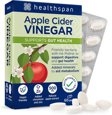 Healthspan Apple Cider Vinegar 500mg | Friendly Bacteria | Metabolism Support | Added Zinc & Chromium | Vegan (60 Tablets)