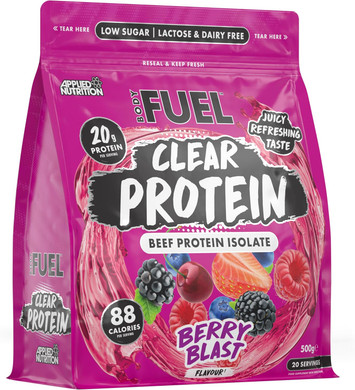 BodyFuel Clear Protein - Beef Protein Isolate - Clear & Refreshing - Best Low Sugar & Lactose-Free Protein Supplement - Muscle Support (500g - 20 Servings) (Berry Blast)