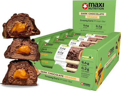 Maxi Nutrition Vegan Creamy Core Protein Bar Dark Chocolate Orange 45g, 9.6g protein per bar, 0.2g sugar, 167 kcal