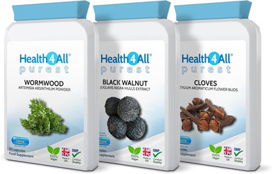 Health4All Wormwood, Black Walnut, Cloves Digestive Intestinal Detox Cleanse for Humans Set, 3x90 270 Capsules, 3 Step Gut Cleanse & Repair, Purest Vegan Intestinal Detox Supplement | Made in UK