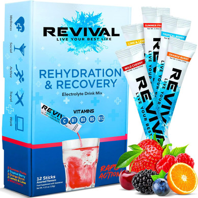 Revival Rapid Rehydration Electrolytes Powder - High Strength Vitamin C, B1, B3, B5, B12 Supplement Sachet Drink, Effervescent Electrolyte Hydration Tablets - 30 Pack Watermelon