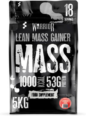 Warrior Mass Protein Powder  5.04kg  Serious Mass Gainer  High Calorie, Weight Gain Supplement  61g of Protein, 18 Servings, 1000+ Calories Shake, Supports Muscle Growth (Strawberry Crème, 5kg)