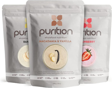 Purition Large Bag Multipack - Strawberry, Banana & Macadamia & Vanilla | Premium High Protein Powder for Keto Shakes and Smoothies with Natural Ingredients for Weight Management | 3 x 12 Meal Bags