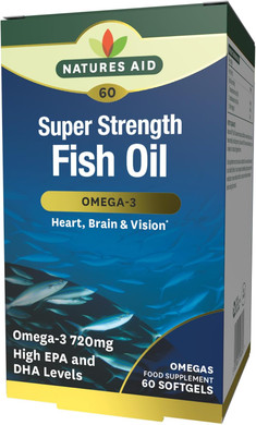 Natures Aid Super Strength Fish Oil 1200mg  High Strength Omega-3 with 388mg EPA & 260mg DHA  Supports Heart, Brain & Vision  Non-GMO  60 Softgels  Natural Omega-3 Supplement Capsules