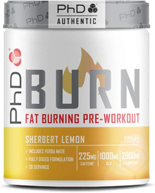 PhD Burn Pre Workout Powder with L Carnitine for Women and Men, Rich in CLA, High Caffeine for pre-Workout, Sherbert Lemon Flavour, 20 Servings (200g)