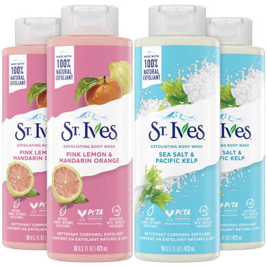 St. Ives Body Wash Variety Pack  Exfoliating Pink Lemon & Mandarin Orange 2-Pack + Sea Salt & Pacific Kelp 2-Pack, 16 Oz Ea (4 Piece Set)