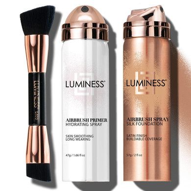 Luminess Silk Airbrush Spray Foundation Makeup Starter Kit - Full Coverage Foundation, Primer & Dual-Sided Buffing Brush - Buildable Coverage, Anti-Aging Formula Hydrates & Moisturizes (Shade - Light Tan )Light Tan - 090