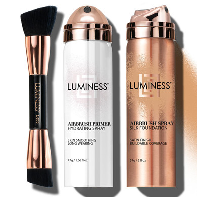 Luminess Silk Airbrush Spray Foundation Makeup Starter Kit - Full Coverage Foundation, Primer & Dual-Sided Buffing Brush - Buildable Coverage, Anti-Aging Formula Hydrates & Moisturizes (Shade - Light Warm)Light Warm - 060