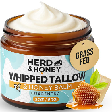 Herd & Honey Whipped Tallow Balm - Organic Tallow And Honey Balm For Face, Lips And Body, Unscented 100% Grass Fed Beef Tallow For Skin, Fast Absorbing, Non-Greasy Tallow Face Moisturizer, 2Oz