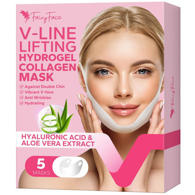Fairyface V Line Lifting Mask, 5 Count Double Chin Reducer, Lifting Hydrogel Collagen Mask With Aloe Vera And Seaweed, Hydrating And Anti-Aging, Creating A V-Shaped Face Full Of Vitality