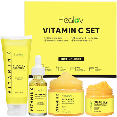 Vitamin C Skincare Set  Hydrating Facial Cleanser, Exfoliating Body Scrub, Face Cream & Anti Aging Serum  Vit C Reduces Dullness, Fine Lines, Wrinkles, Dark Circles  Travel Kit For Youthful Skin