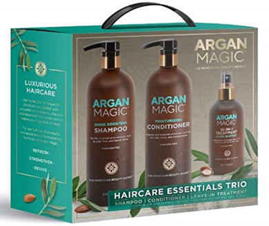 Argan Magic Hair Care Essentials Trio - Shine Boosting Shampoo | Moisturizing Conditioner | 10 In 1 Leave In Spray | Restores Shine & Elasticity | Hydrates | Detangles | Made In Usa (32 Oz / 8 Oz)