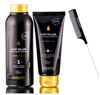 Salerm Cosmetics Kaps Filler Smoothing Therapy Kit - Treatment Shampoo, Liss Mask, Sleek Comb (W/ Ceramides + Keratin, 18 Oz + 6 Oz)