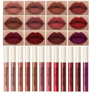 Qibest 12Pcs Matte Liquid Lipstick Set For Girls & Women, 24 Hours Long Lasting Waterproof Nude & Dark Red Lip Gloss Makeup Gift Kits, Velvet Non-Stick Cup Mate Duracion 24 Horas Originales Lip Stains