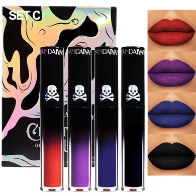 4Pcs Dark Red Purple Blue Black Matte Liquid Lipstick Sets,Matte Lipstick Lip Stain Long Lasting 24 Waterproof Lip Gloss Gift Set Matt Liquid Makeup Lipstick For Women Halloween Party Cosplay(Set C)