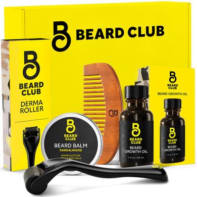 The Beard Club Enhanced Beard Growth Kit - Derma Roller, Beard Growth Oil (2Pk), Sandalwood Beard Balm, Comb - Gift Set
