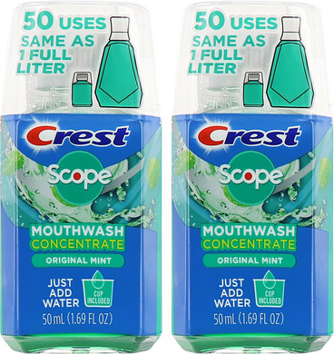 Crest Scope Mouthwash Concentrate, Travel Size Mouthwash, Original Mint Flavor, Helps Freshen Breath, 2 Pack -50 Ml Squeeze Bottles
