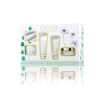 Eve Lom Glow Essentials Set | Includes Cleanser 20Ml + Half Muslin Cleansing Cloth, Foaming Cream Cleanser 20Ml, Rescue Mask 15Ml, & Moisture Cream 15Ml - 5 Piece Set