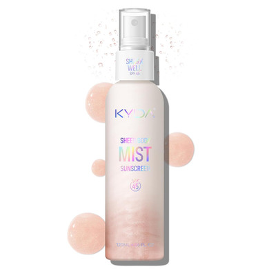 Kyda Sheer Body Sunscreen Mist, Spf 45, Radiant Glow Sunscreen Spray, Infused With Shimmer Body Oil, Ultra-Fine Glowing Mist, Quick Drying, Lightweight Hydrating Spray, 4.06 Fl Oz, Gold