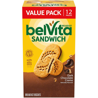 Belvita Breakfast Sandwich Dark Chocolate Creme Breakfast Biscuits, Value Pack, 12 Packs (2 Sandwiches Per Pack)