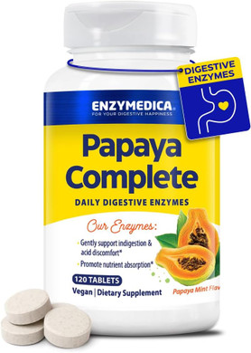 Enzymedica Papaya Enzymes Chewable, Digestive Enzymes For Women And Men, With Organic Papaya Juice And Chlorophyll, High Potency Bromelain & Papain, Vegan, Mint Flavor, 120 Tablets
